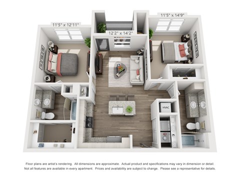 Floor plan for 2 beds, 2 baths, 911 sqft